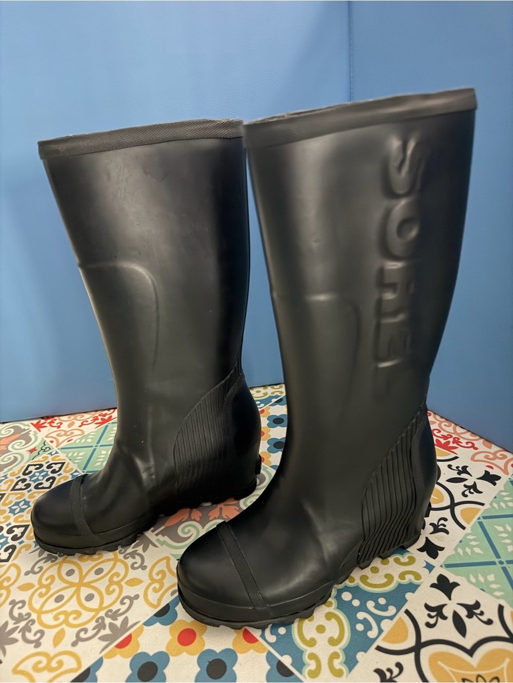Sorel Black Women's Tall Wedge Waterproof Rain Boots